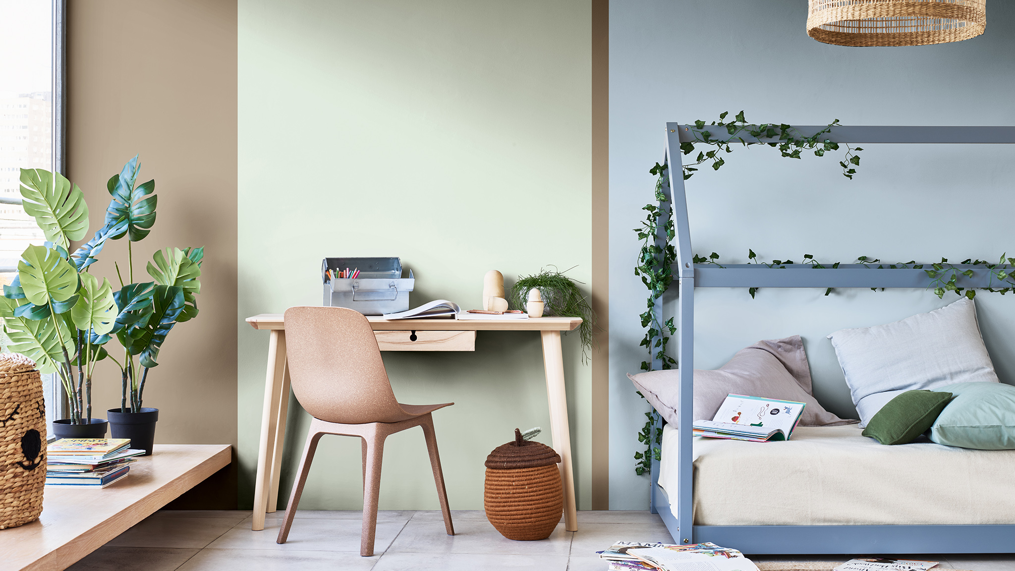 Kid’s study painted with vertical stripes in different shades of blue, green and brown Dulux_CF21_Colour_of_the_year_Earth_colors_global_4